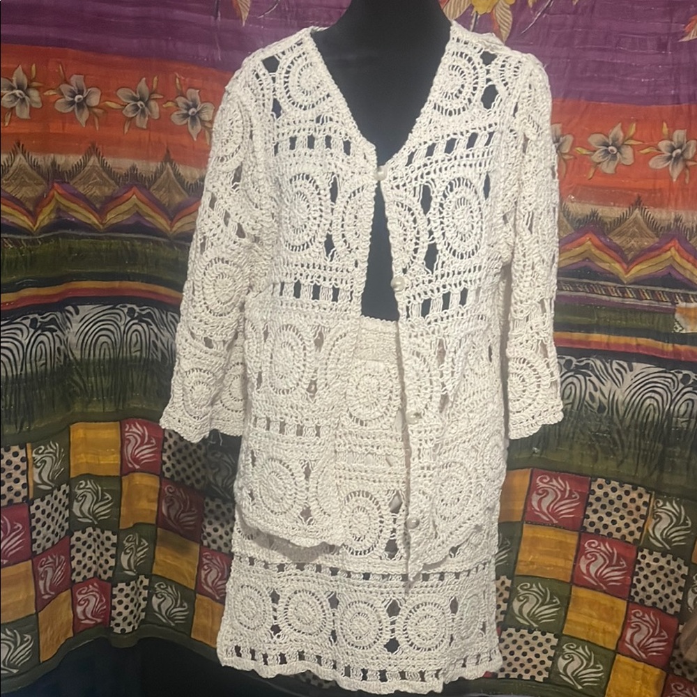 NWT Beige Crochet Cardigan and Skirt Set size l/xl with elasticity in the waist